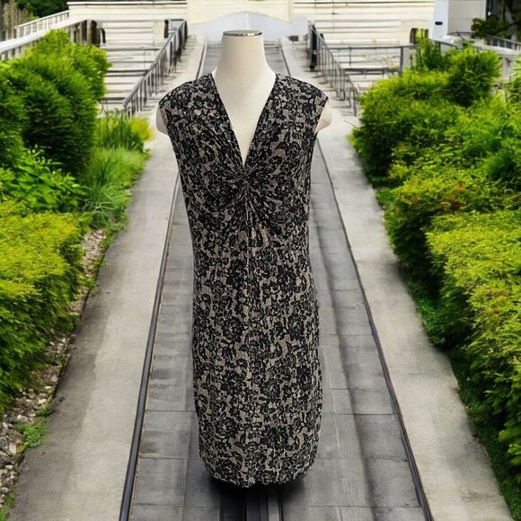 Michael Kors Women's Black Lace Sleeveless Dress L Ruched Front Bodycon Elegant - Picture 1 of 8